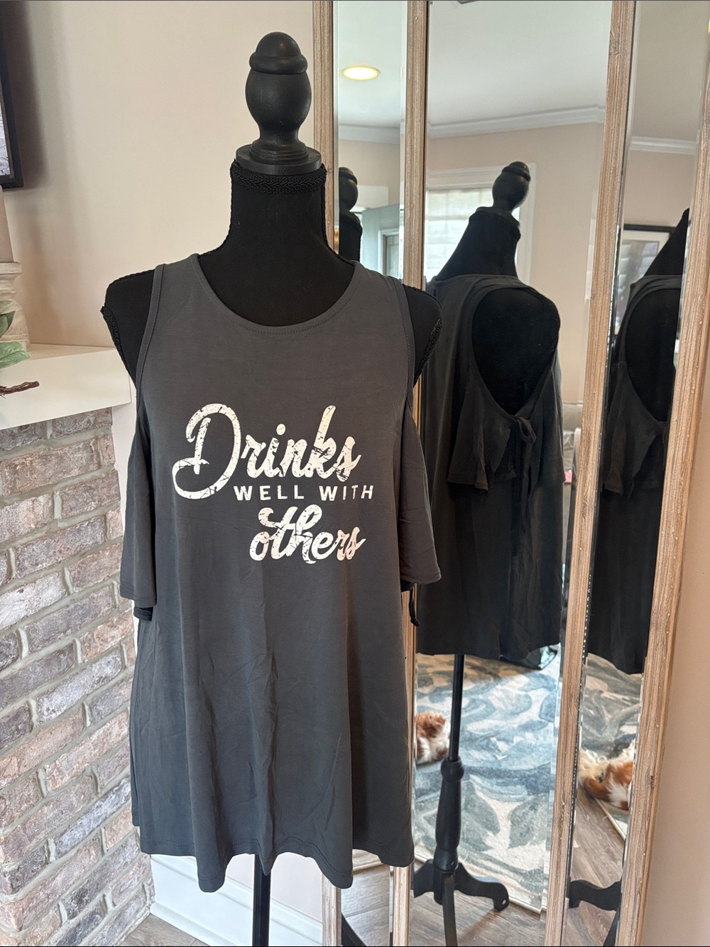 Alya Gray Cold-Shoulder Top with 'Drinks Well With Others' Script